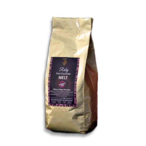 An image of Ecuador packaging of ruby hot chocolate melt cocoa beans.