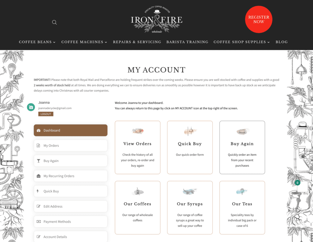 screenshot image of the Iron and fire odering website dashboard
