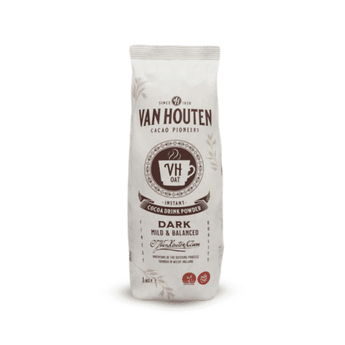 An image of Van Houten packaging of dark mild and balanced oat cocoa powder.
